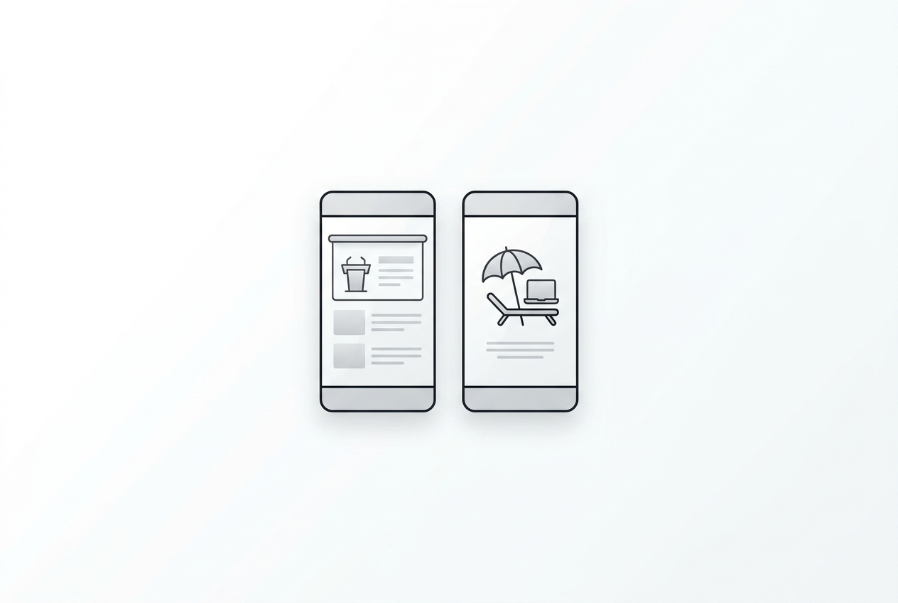 Split image contrasting a keynote promise with a beach workflow