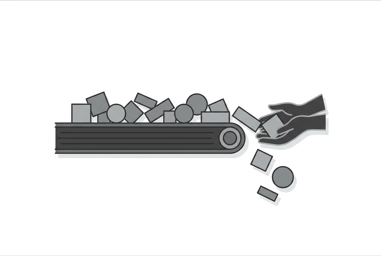 hands catching items falling from a speeding conveyor belt