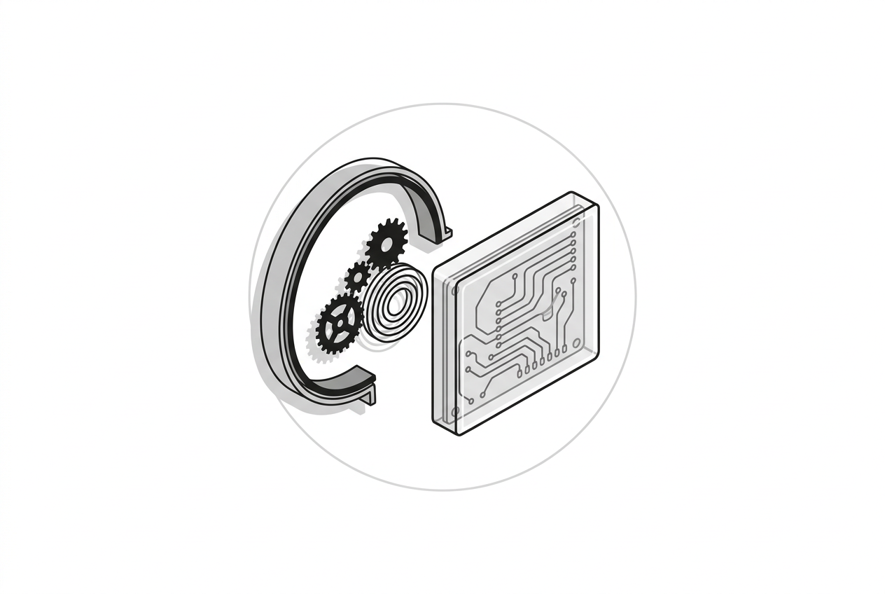 Diagram contrasting a legible mechanical interior with an opaque circuit board