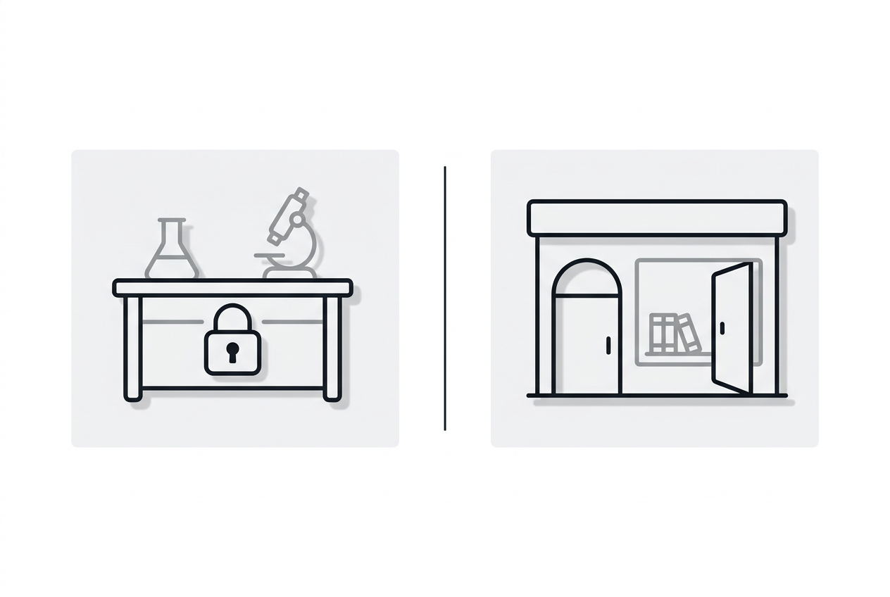 Split image contrasting an internal lab and a public storefront