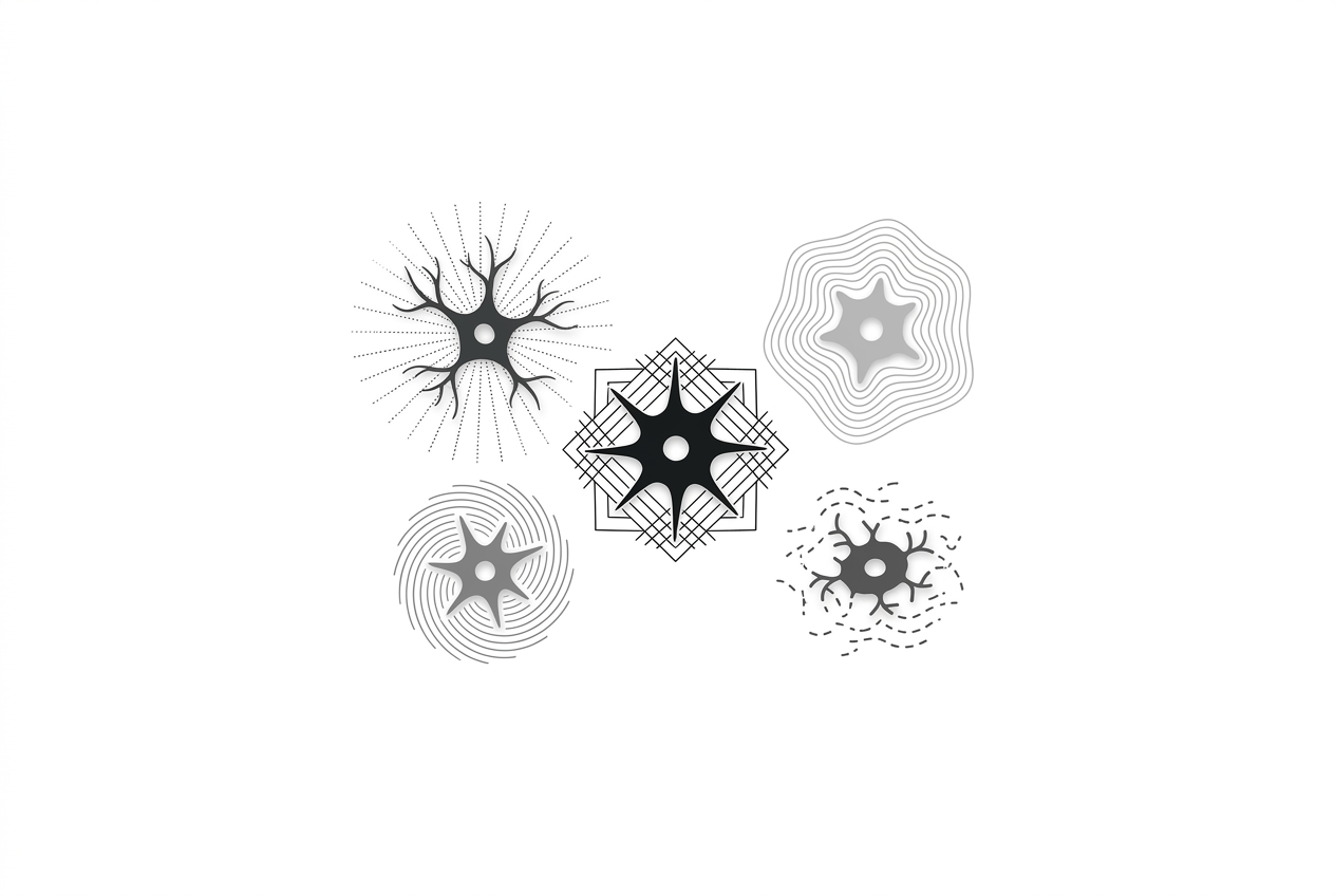 Diagram showing five brain cell types with divergent SASP factor profiles