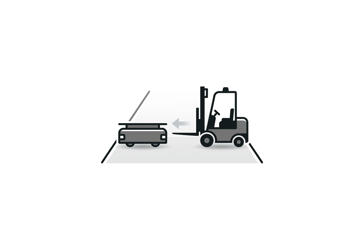 Autonomous forklift idle behind an AMR in a blocked aisle