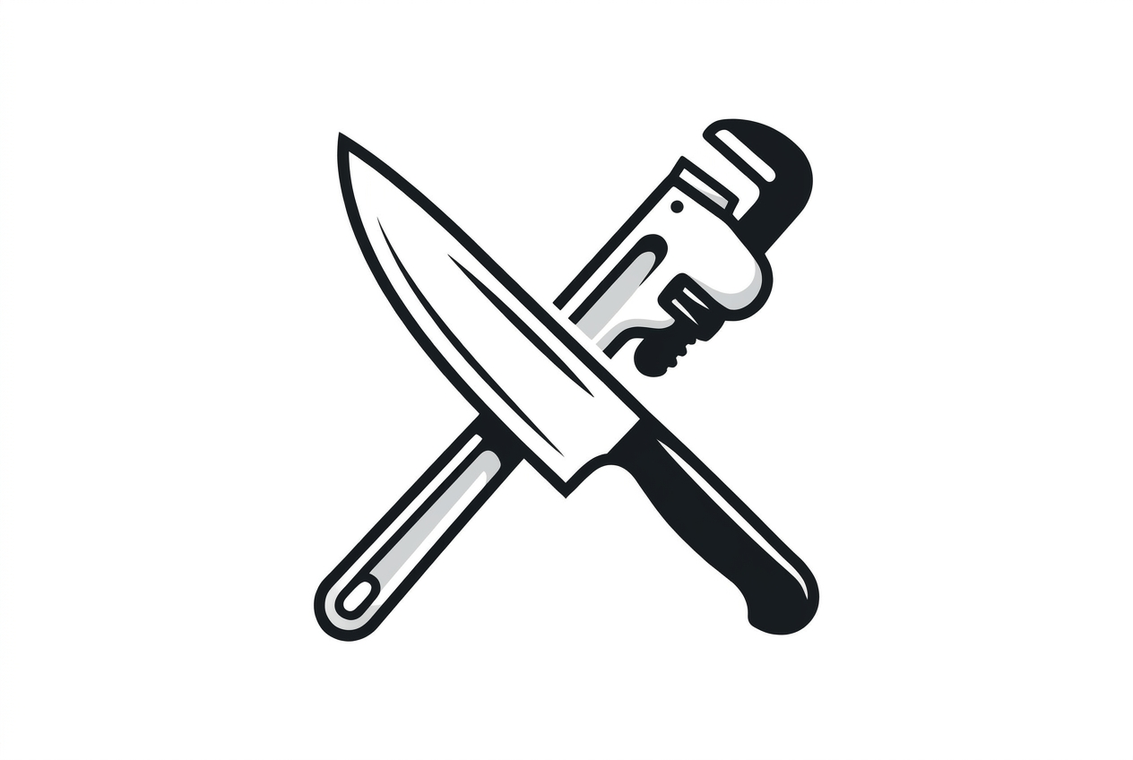 Crossed chef's knife and plumber's wrench symbolizing the two-in-one hire