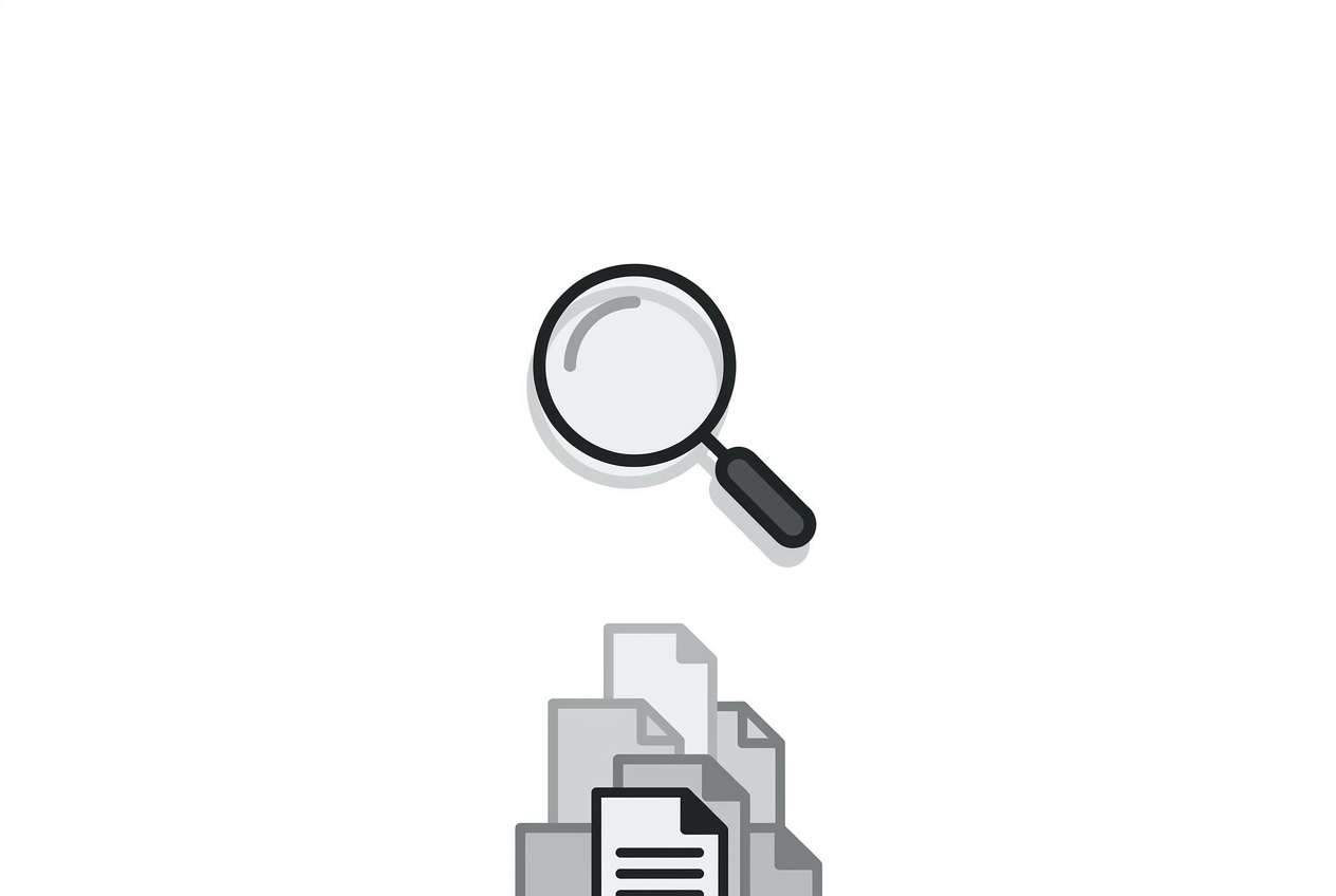 Magnifying glass over an overwhelming stack of transcripts