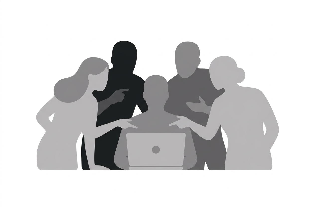 Silhouette of anonymous professionals around a laptop