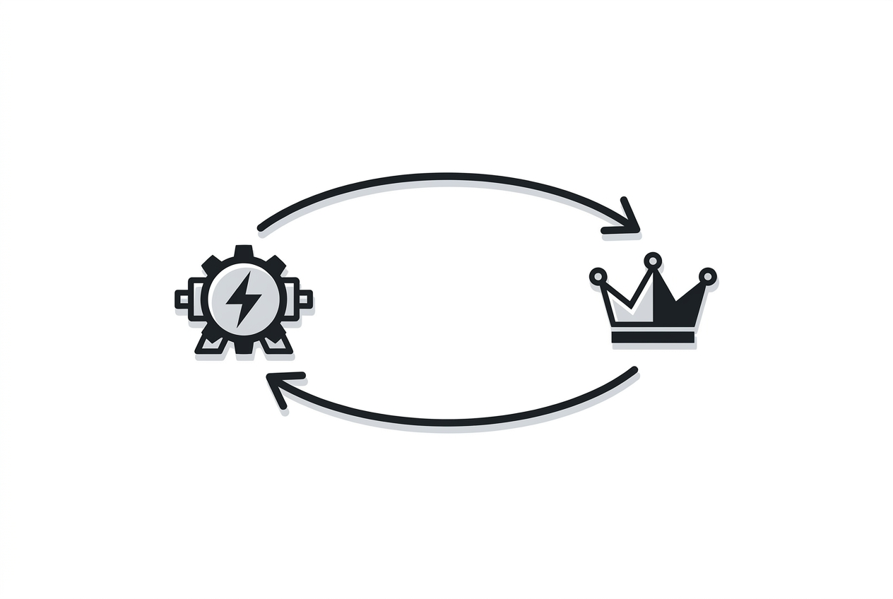 diagram linking a 1920s machine to a modern crown along a looping line