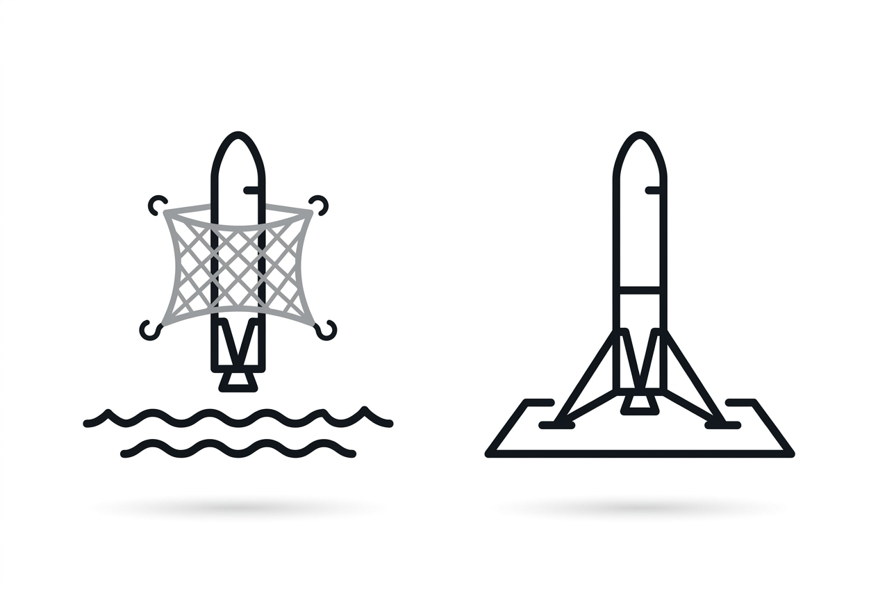 Diagram comparing sea net-capture and propulsive land-landing recovery